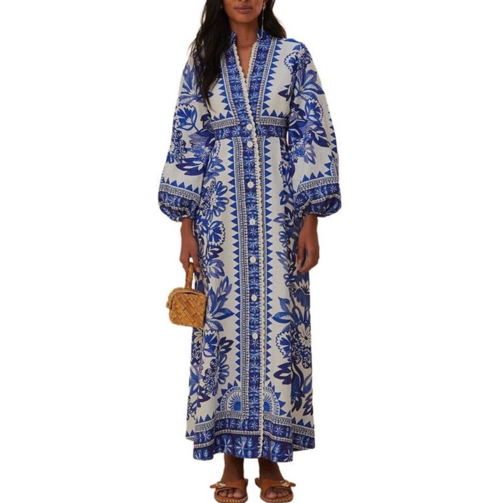 Farm Rio Blue and White Floral Maxi Dress